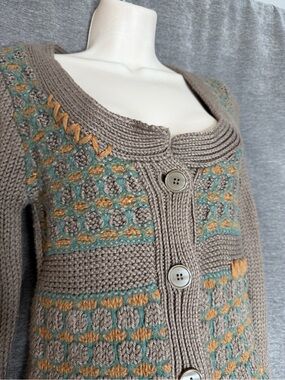 BKE Taupe Knit Cardigan with Teal and Mustard Accents